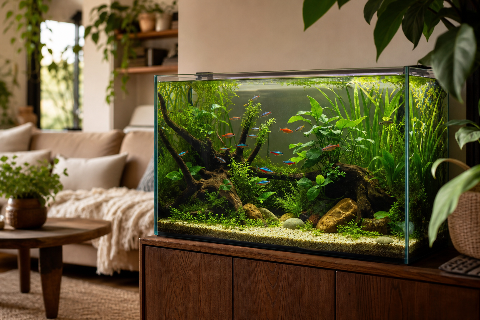 Beplant aquarium in een woonkamer