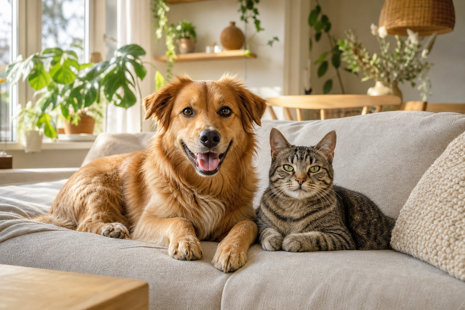 Een hond en een kat samen op de bank in een huiskamer