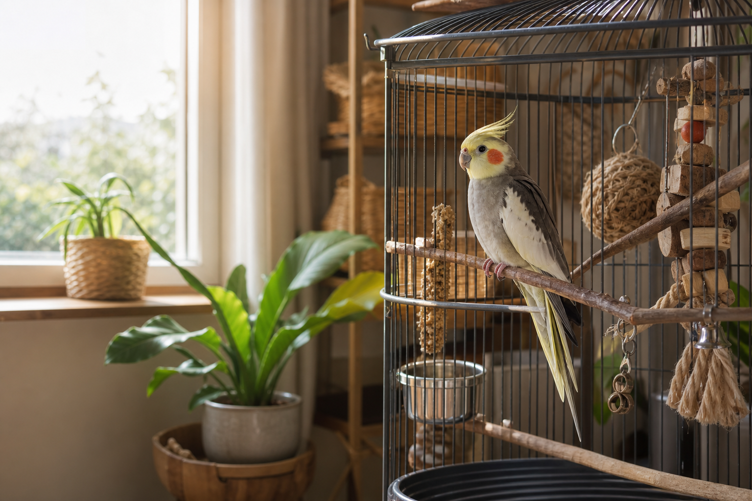 Vogel in een ruime kooi bij het raam